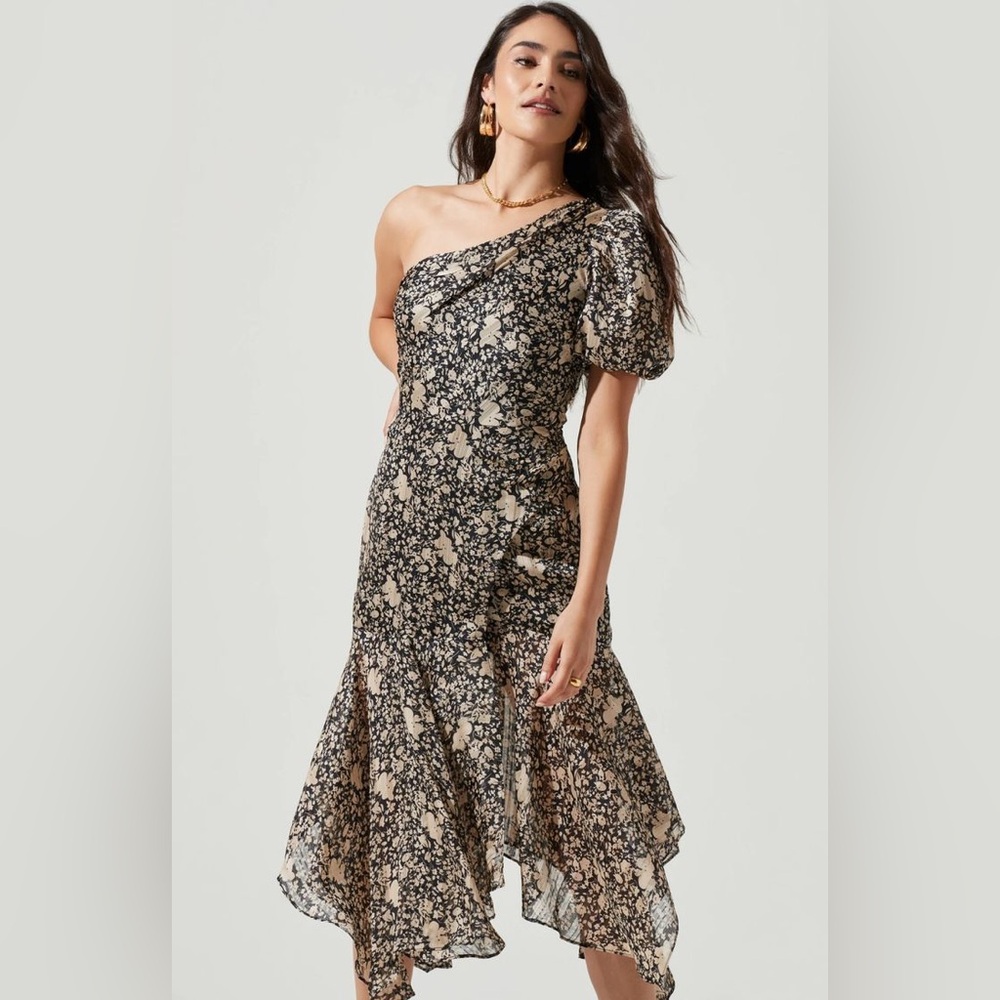 SANTORINI FLORAL ONE SHOULDER MIDI DRESS